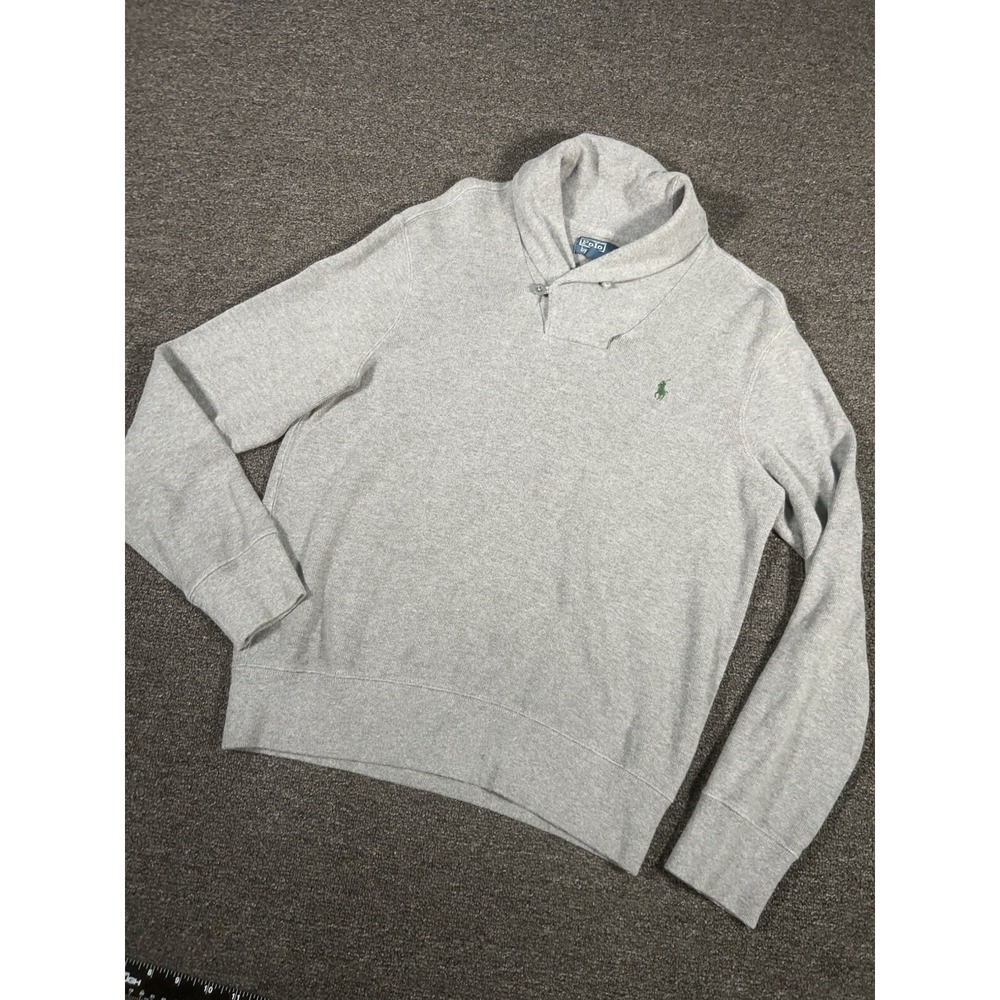 Polo Ralph Lauren Sweater Men's Medium Gray Shawl Collar Pony Preppy Cotton